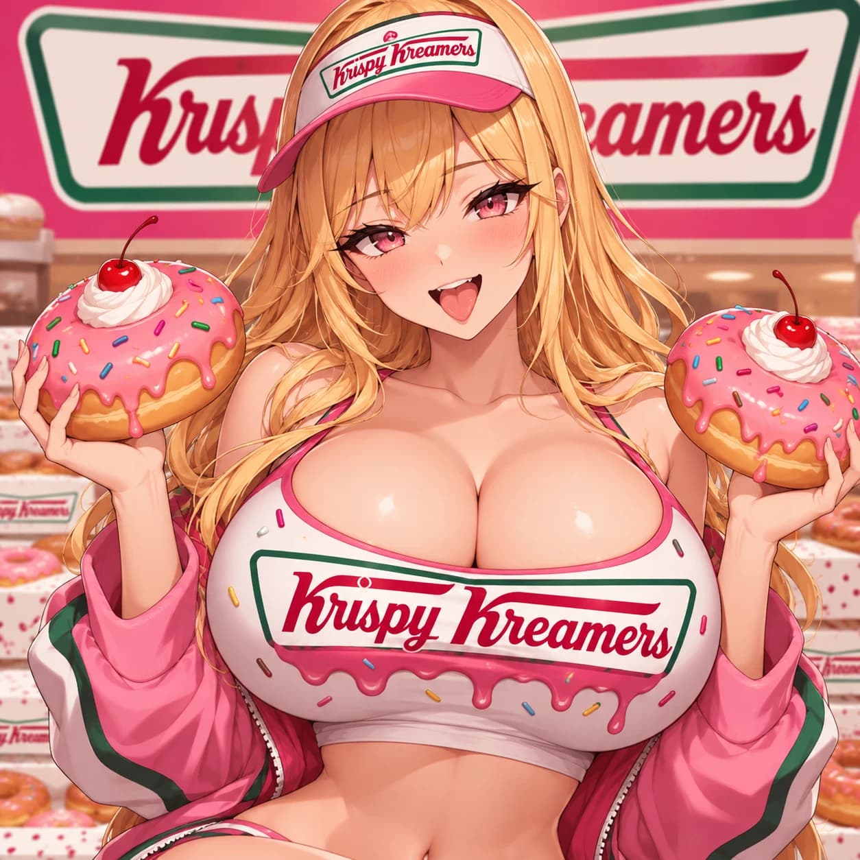 Krispy Kreamers mascot in a pink visor and jacket, holding up two strawberry-glazed donuts